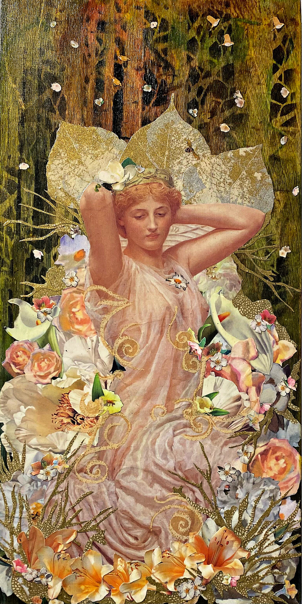 Mixed Media Collage Art with Woman and Flowers